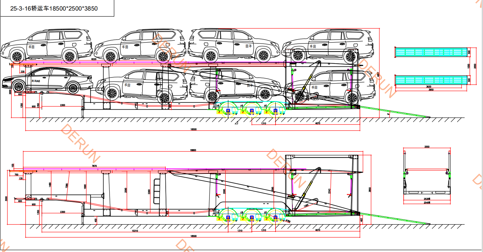 Tekening van de semi -trailer van de autoroer naar