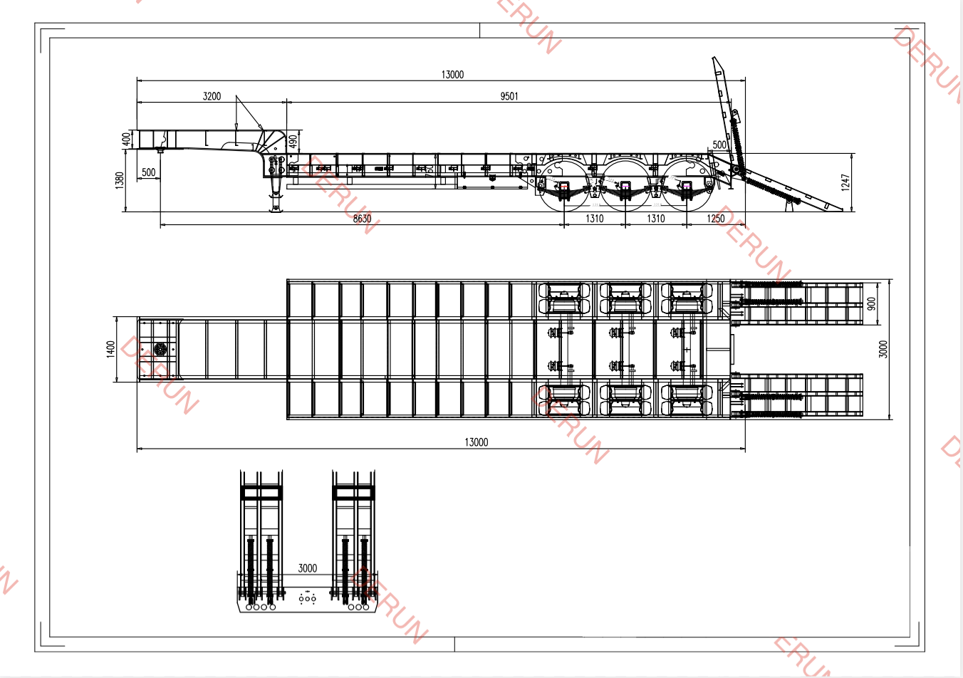 Tekening van 3 Axle Semi Trailer met laag bedekken