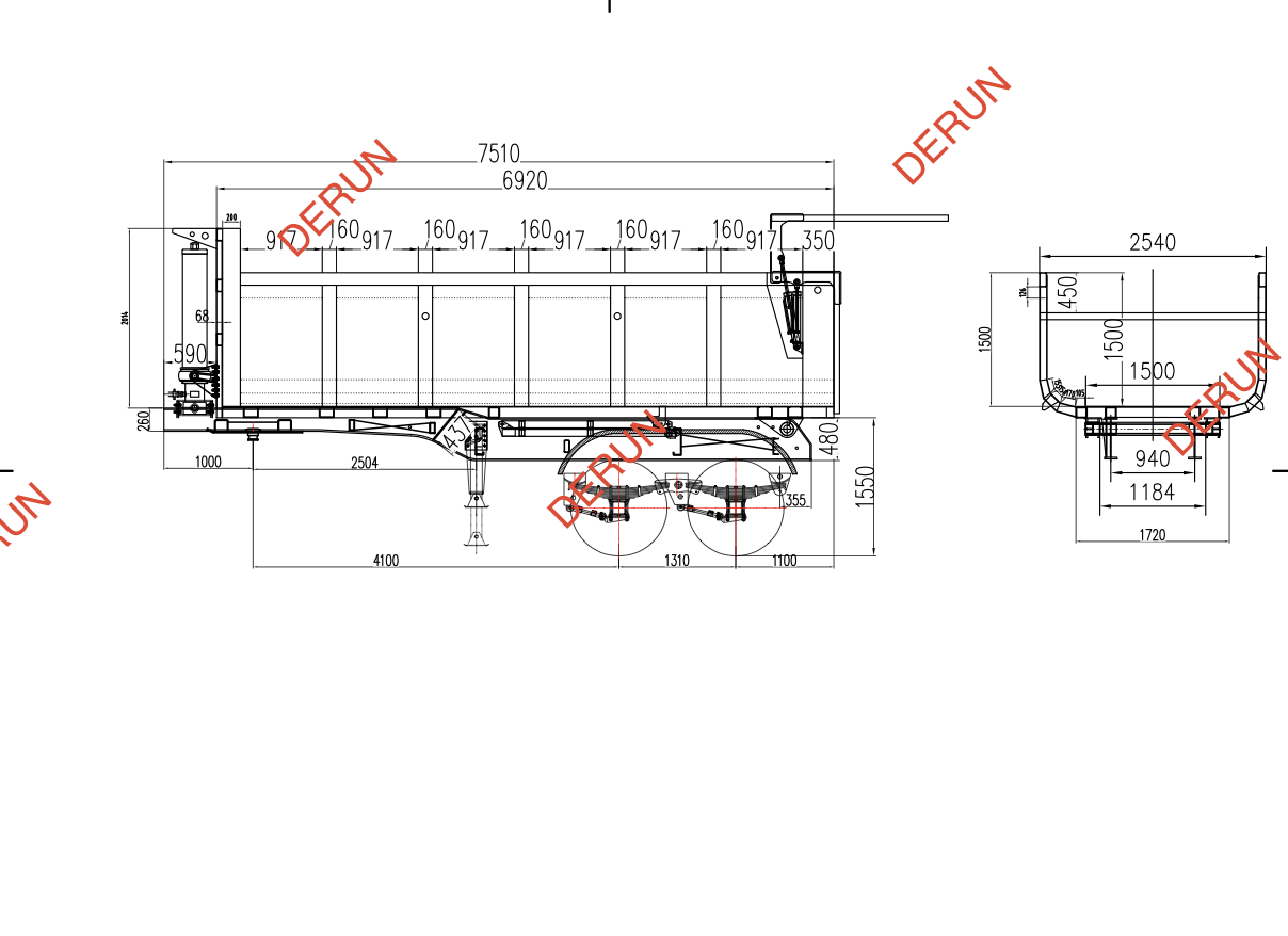 Tekening van 2 as achterste dump semi -trailer
